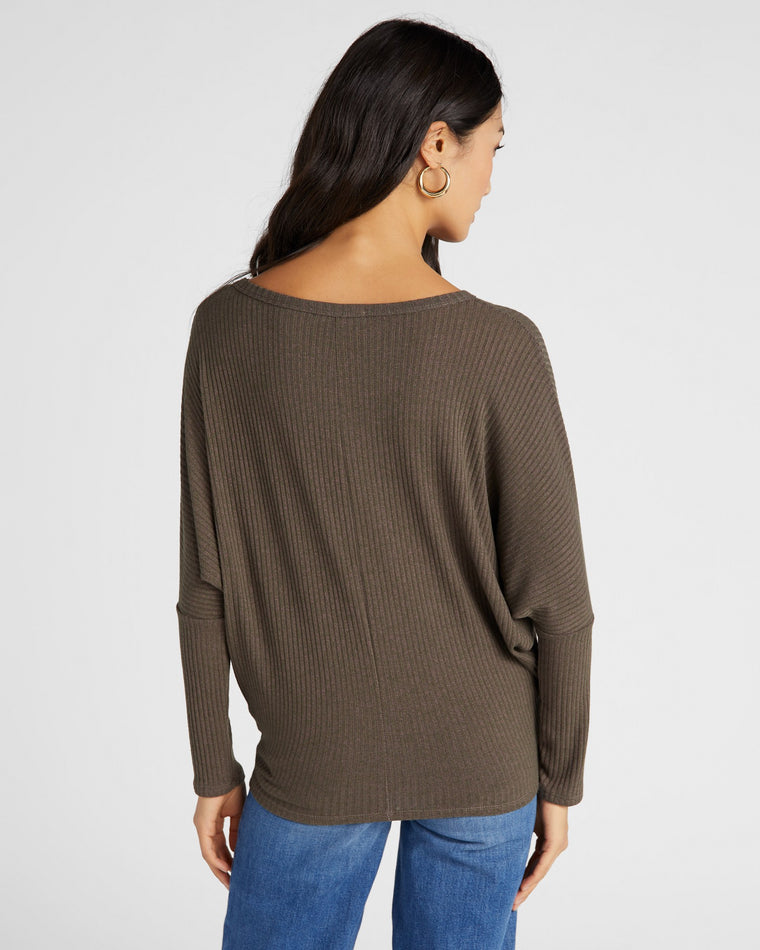 Brown $|& W. by Wantable Hacci Ribbed Long Dolman Sleeve Top - SOF Back