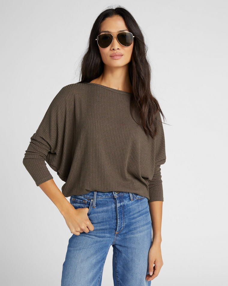 Brown $|& W. by Wantable Hacci Ribbed Long Dolman Sleeve Top - SOF Front