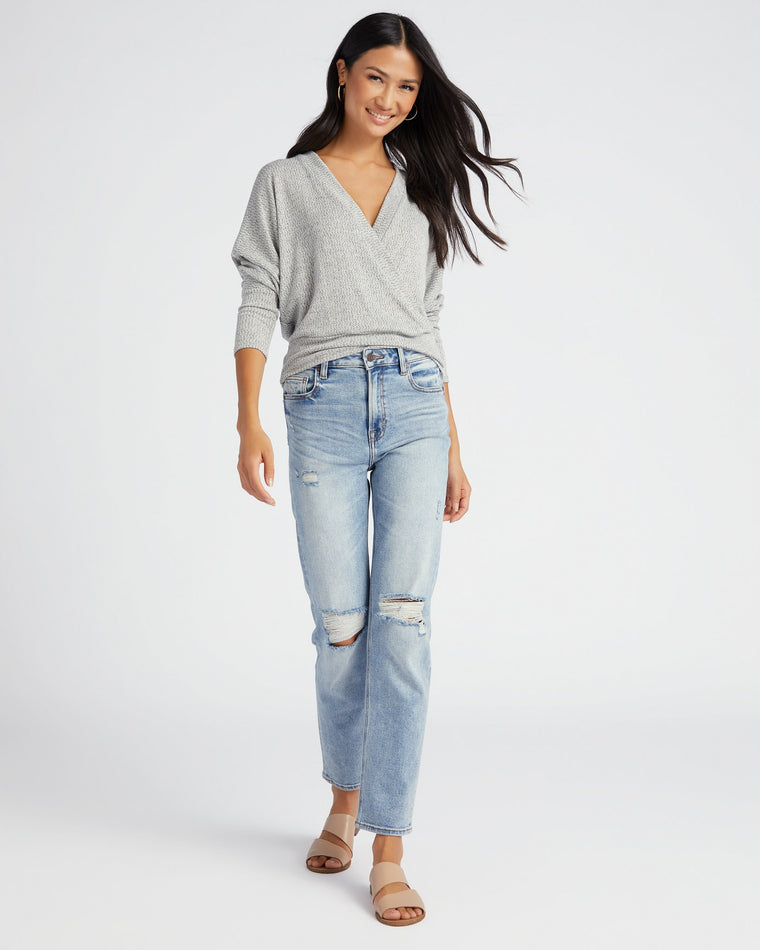 Heather Grey $|& W. by Wantable Crepe Hacci Surplice Front Layering Top - SOF Full Front