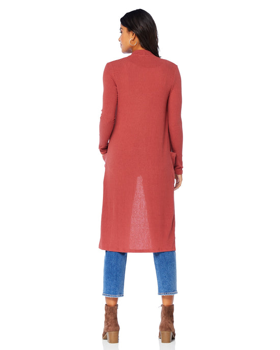Mineral Red $|& W. by Wantable Midi Ribbed Cardigan with Pockets - SOF Back