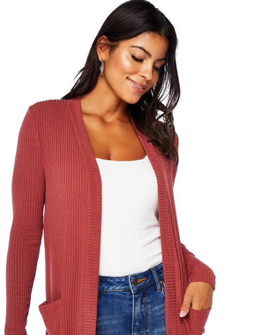 Mineral Red $|& W. by Wantable Midi Ribbed Cardigan with Pockets - SOF Detail