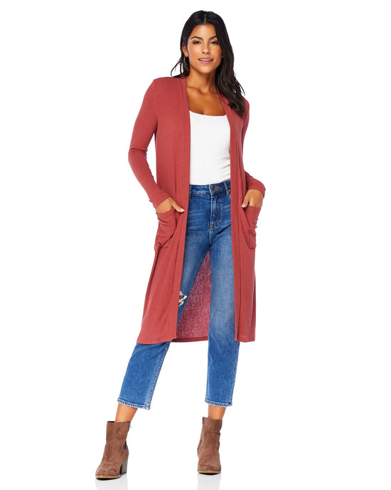 Mineral Red $|& W. by Wantable Midi Ribbed Cardigan with Pockets - SOF Front