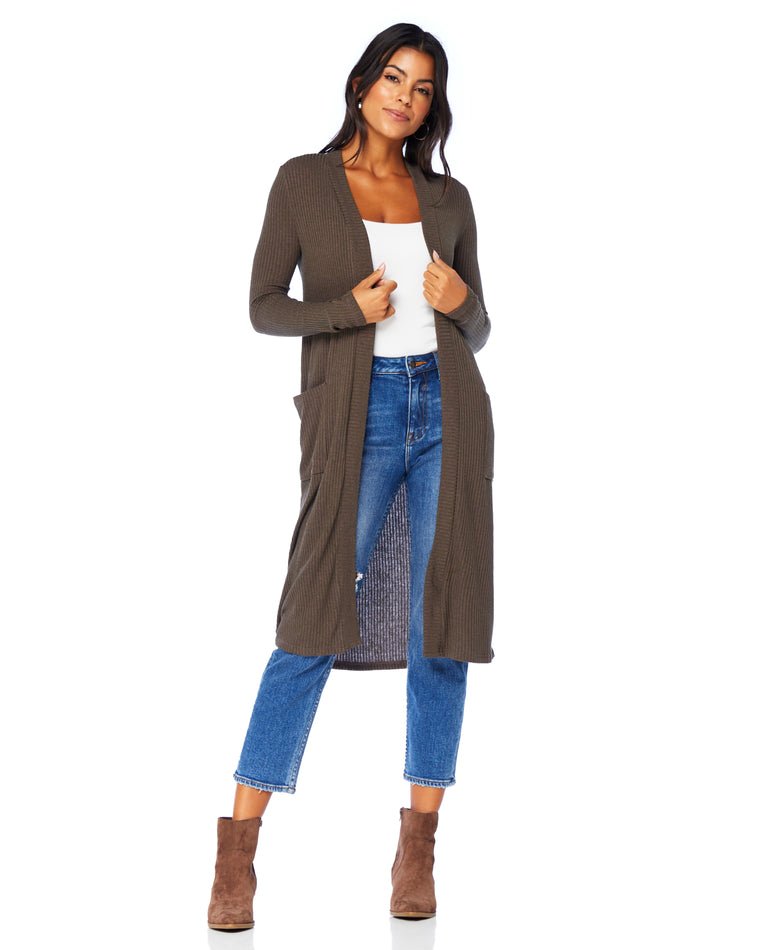 Brown $|& W. by Wantable Midi Ribbed Cardigan with Pockets - SOF Front
