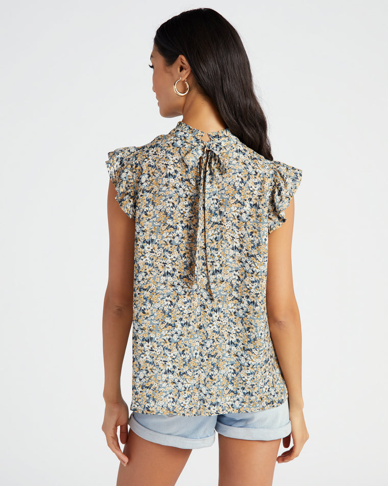 S.Green/Taupe $|& VOY Los Angeles Ruffle Sleeve Back Neck Tie Floral Top - SOF Back