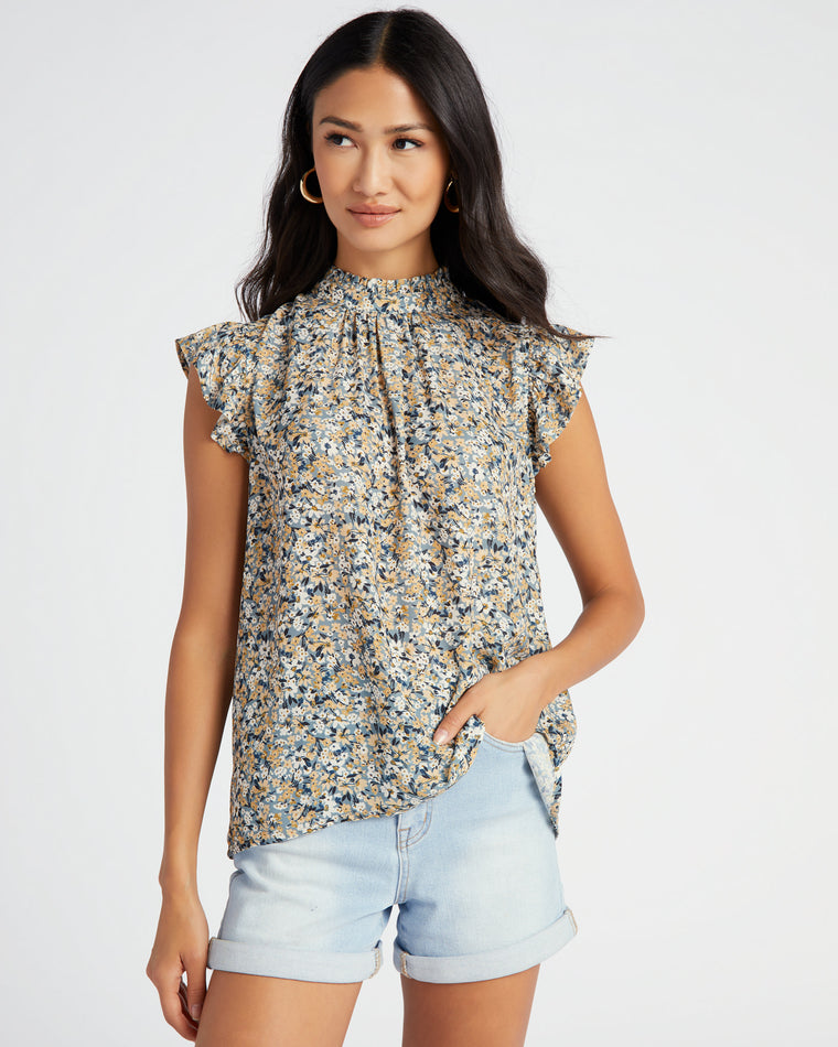 S.Green/Taupe $|& VOY Los Angeles Ruffle Sleeve Back Neck Tie Floral Top - SOF Front