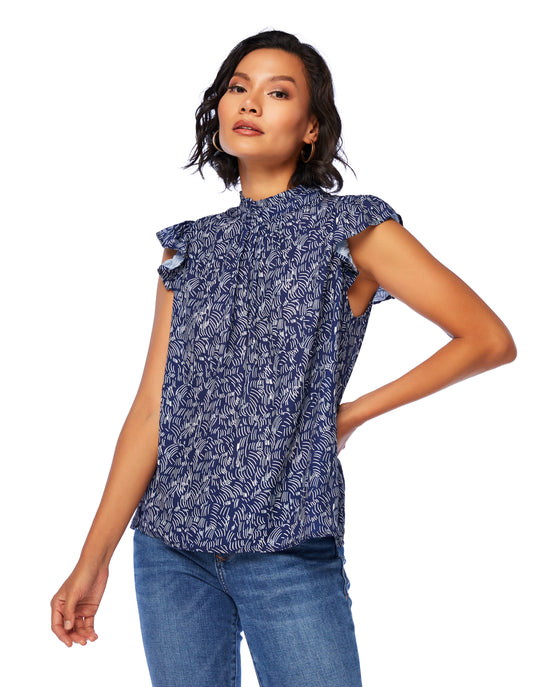 Navy $|& VOY Los Angeles Ruffle Sleeve Back Neck Tie Print Top - SOF Front