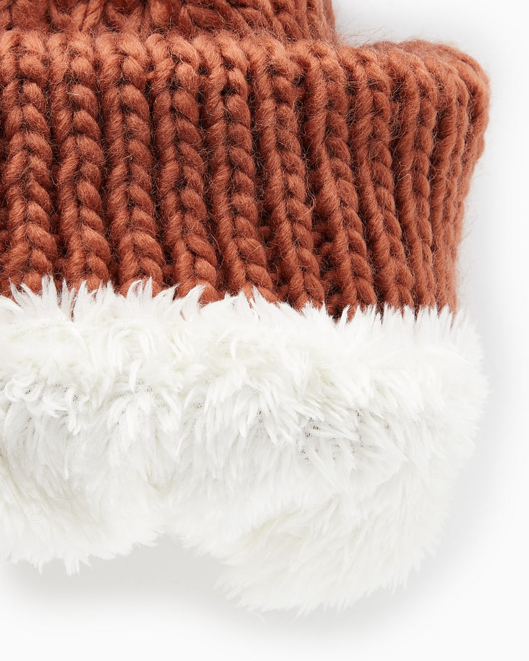 Coffee $|& David & Young Knit Beanie with Faux Fur Pom & Lining - Hanger Detail