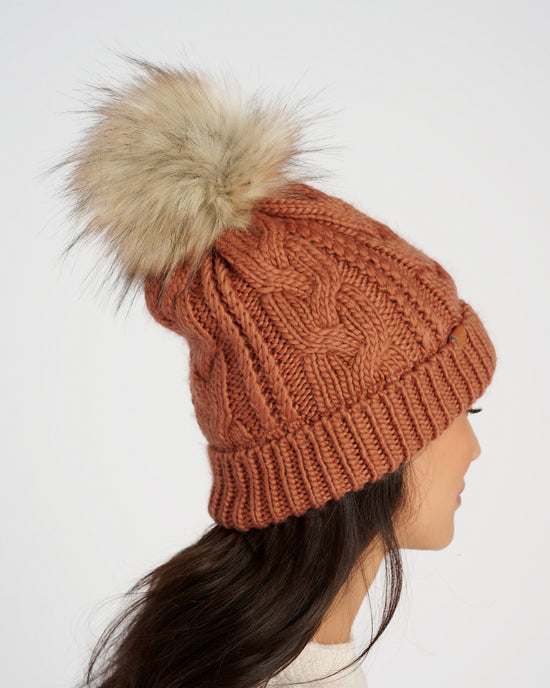 Coffee $|& David & Young Knit Beanie with Faux Fur Pom & Lining - SOF Back