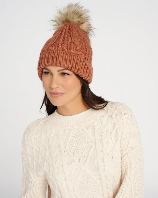 Coffee $|& David & Young Knit Beanie with Faux Fur Pom & Lining - SOF Front