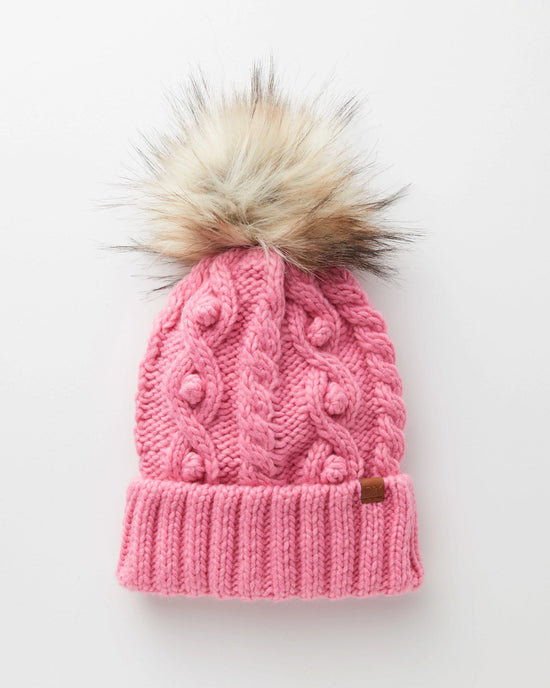 Pink $|& David & Young Popcorn Knit Beanie with Faux Fur Pom - Hanger Front