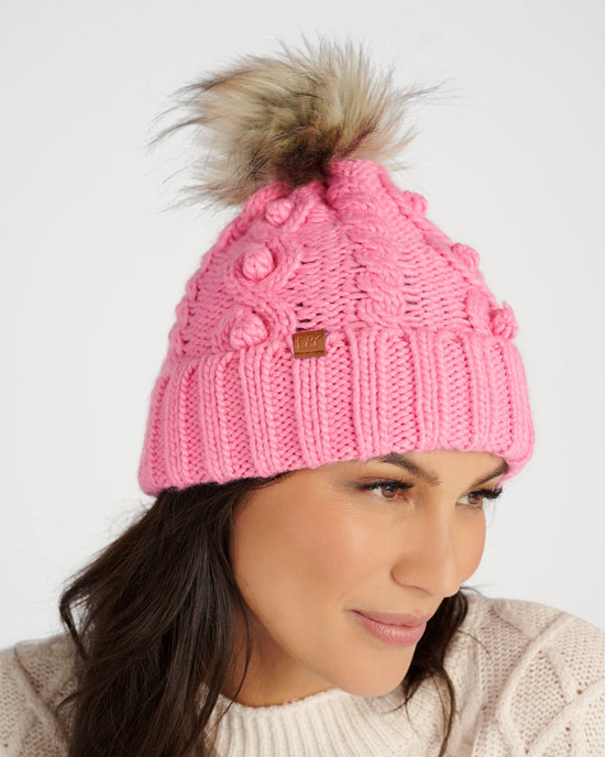 Pink $|& David & Young Popcorn Knit Beanie with Faux Fur Pom - SOF Detail