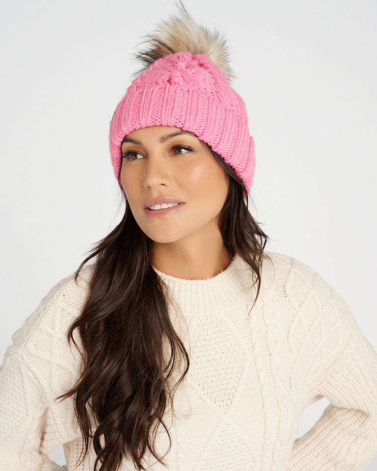 Pink $|& David & Young Popcorn Knit Beanie with Faux Fur Pom - SOF Front
