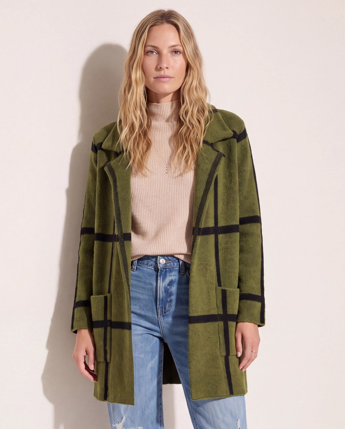 Olive/Black $|& OneWorld Plaid Sweater Coatigan - SOF Front