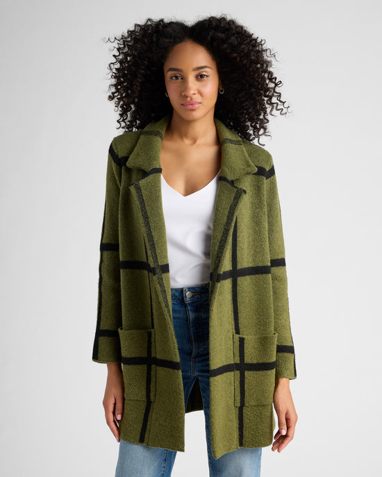 Olive/Black $|& OneWorld Plaid Sweater Coatigan - SOF Front