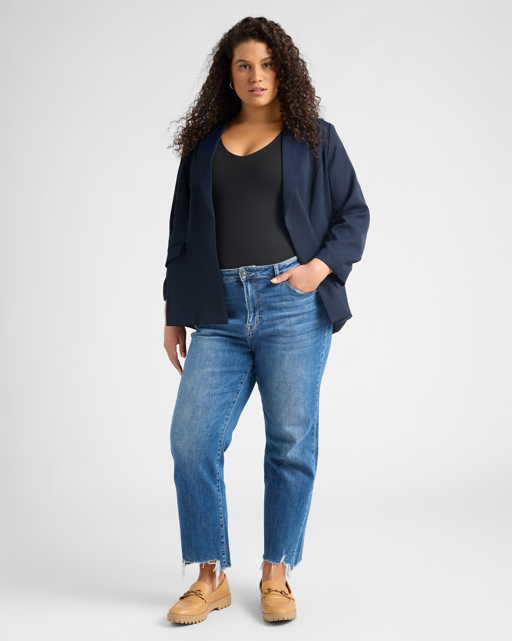Navy $|& Skies Are Blue Recycled Shirred Sleeve Blazer - SOF Full Front