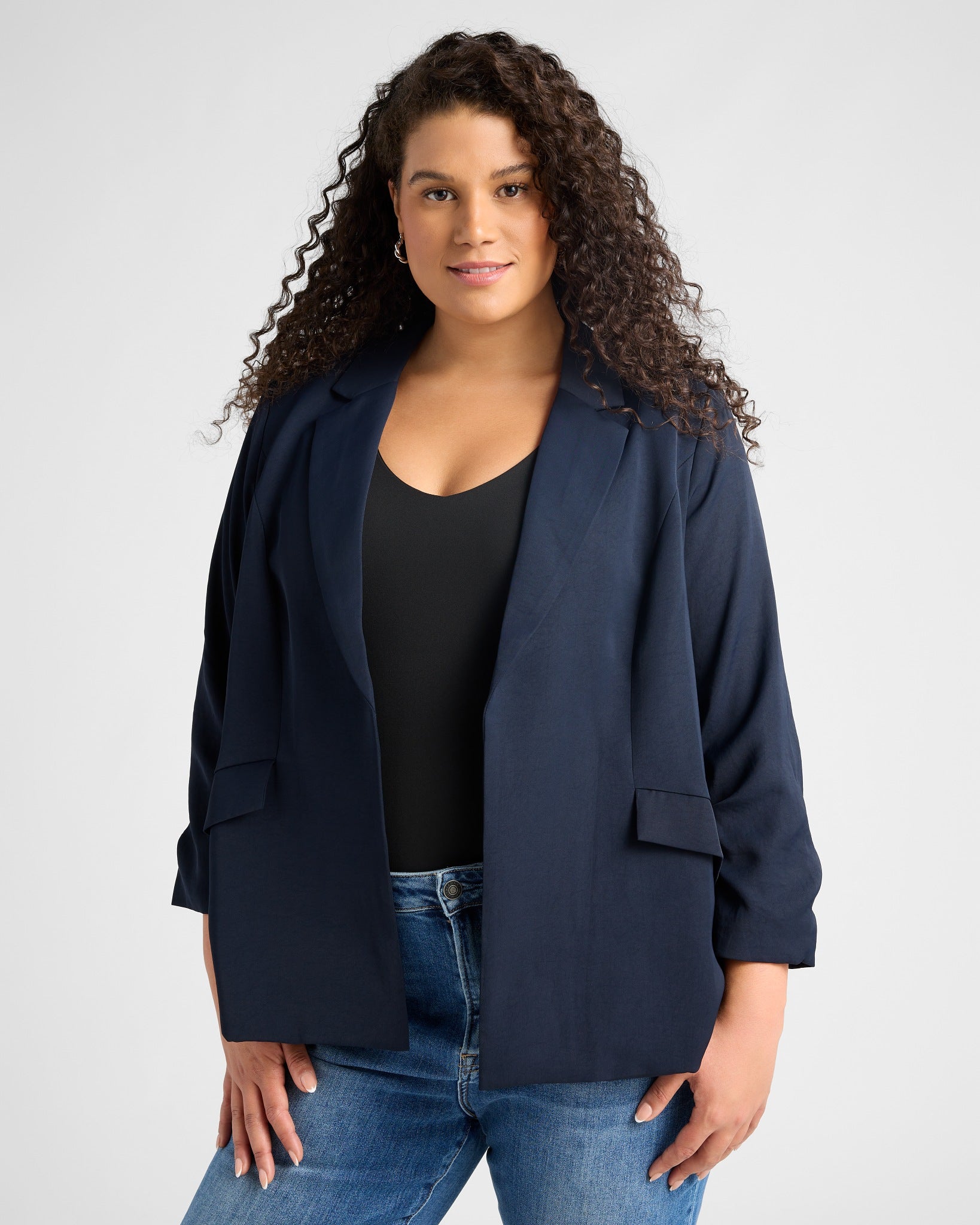 Navy $|& Skies Are Blue Recycled Shirred Sleeve Blazer - SOF Front