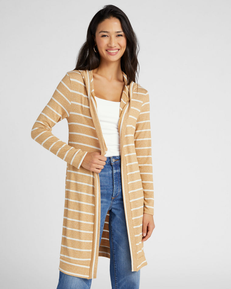 Bisquit/White $|& W. by Wantable Intermingle Stripe Hooded Cardigan - SOF Front