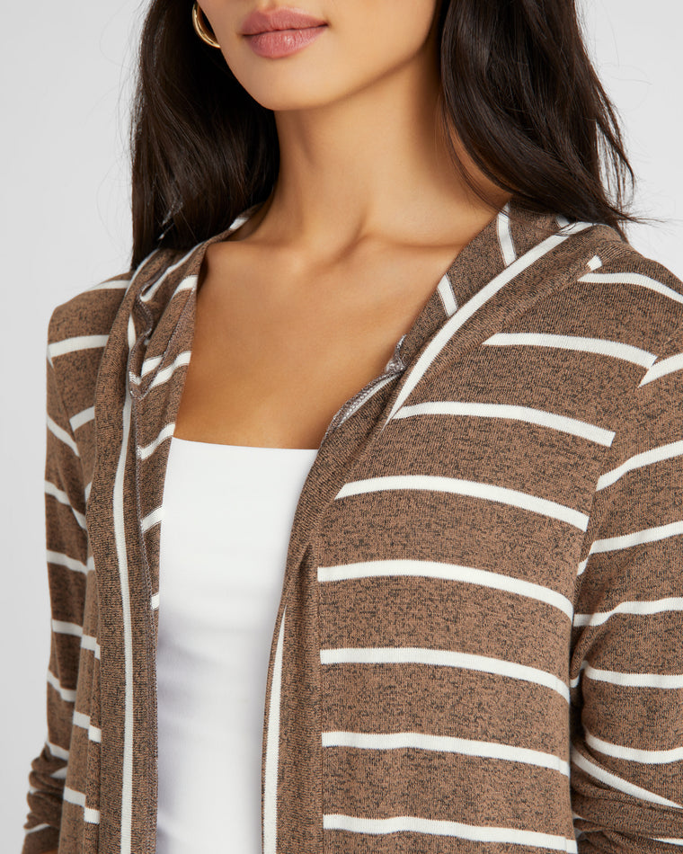 Mocha/White $|& W. by Wantable Intermingle Stripe Hooded Cardigan - SOF Detail