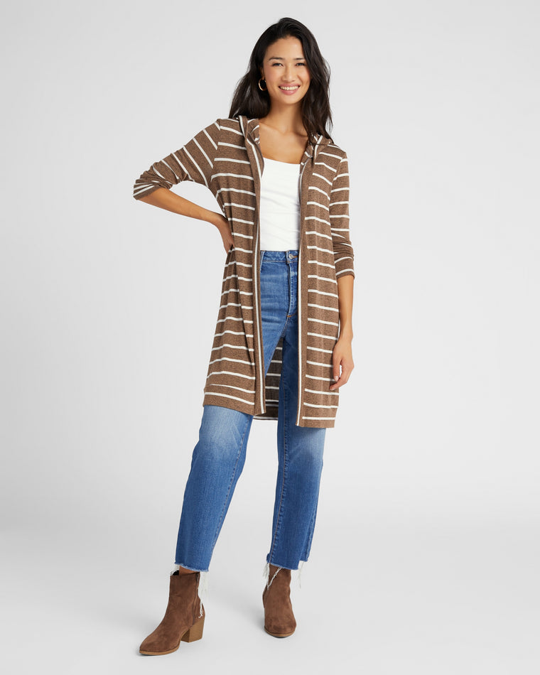 Mocha/White $|& W. by Wantable Intermingle Stripe Hooded Cardigan - SOF Full Front