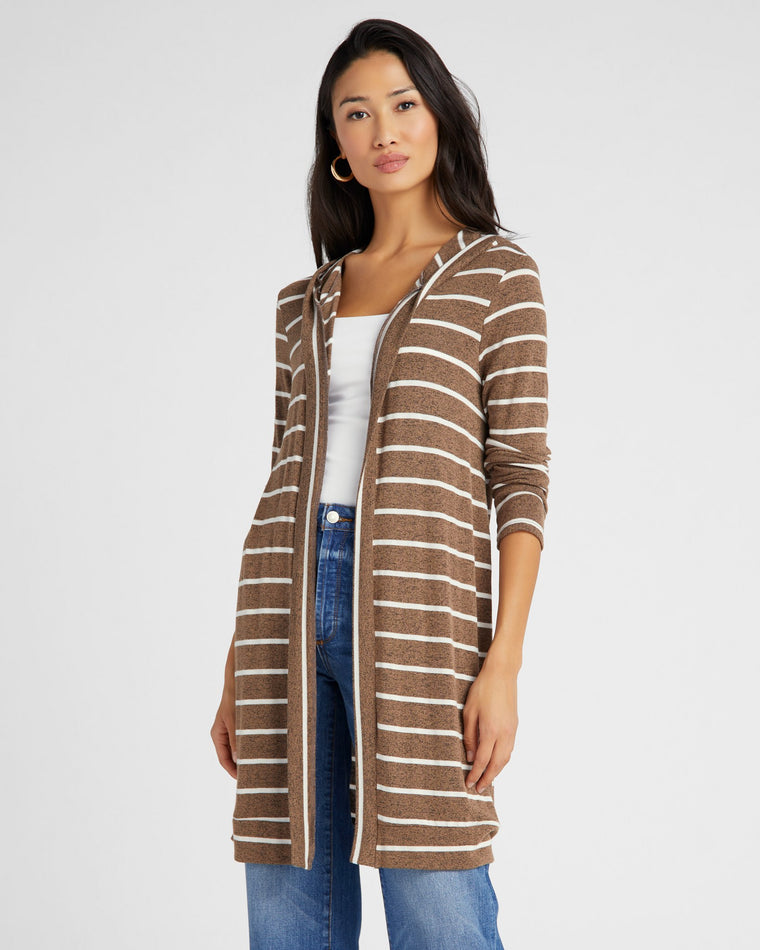 Mocha/White $|& W. by Wantable Intermingle Stripe Hooded Cardigan - SOF Front