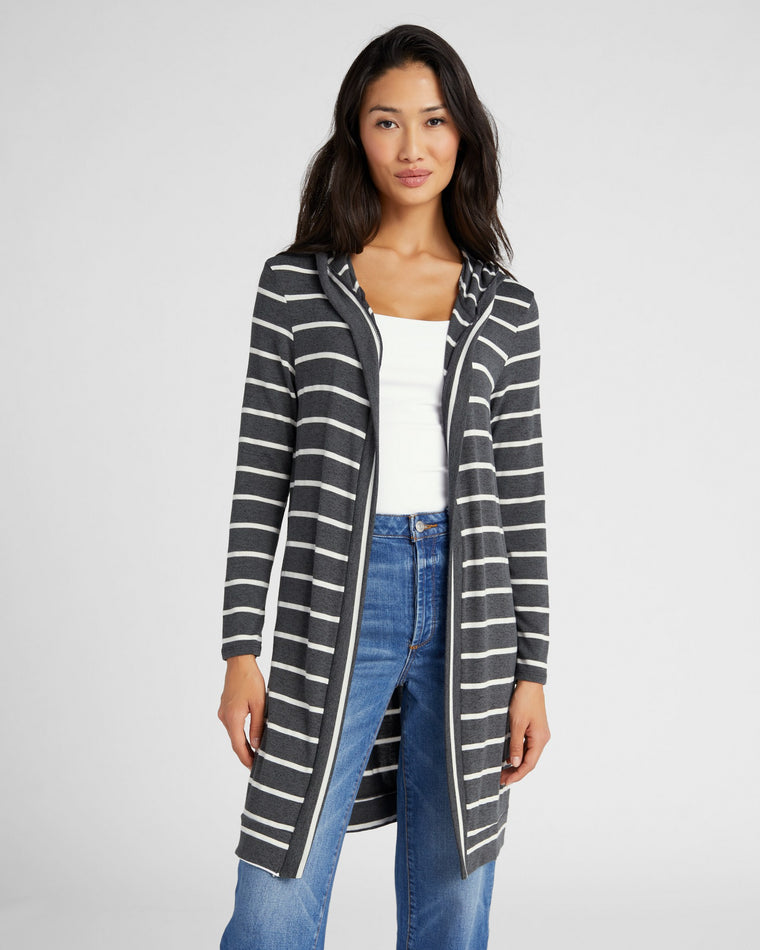 Dark Charcoal/White $|& W. by Wantable Intermingle Stripe Hooded Cardigan - SOF Front