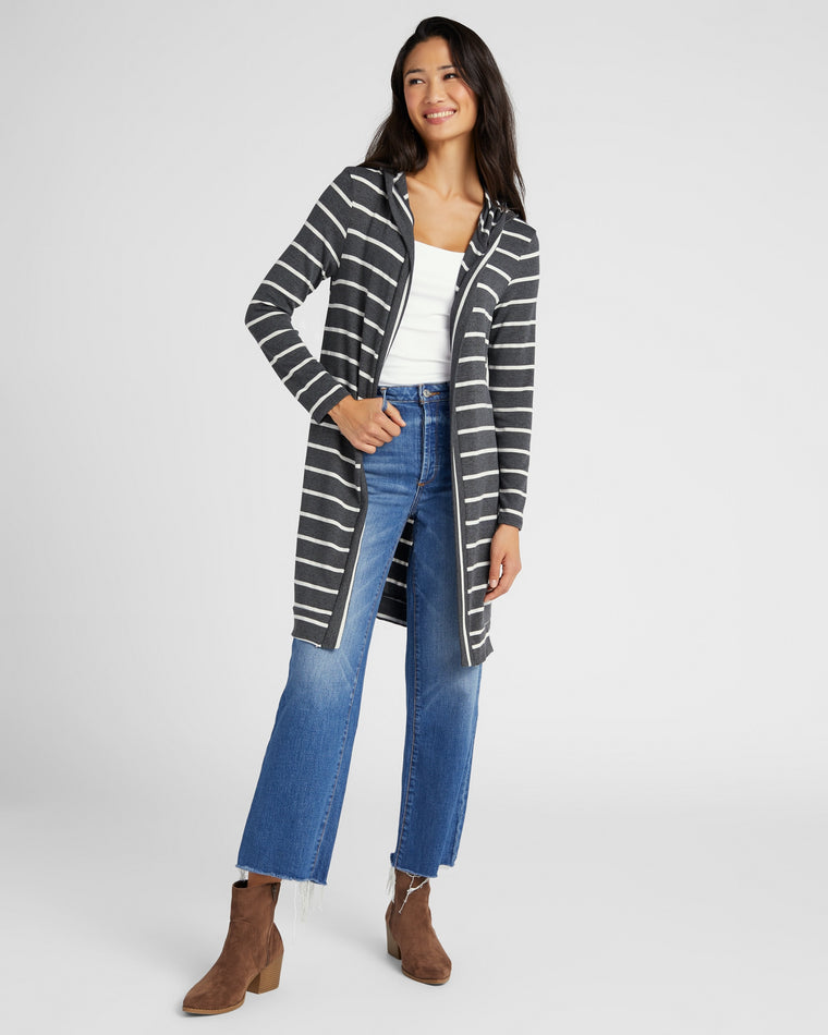 Dark Charcoal/White $|& W. by Wantable Intermingle Stripe Hooded Cardigan - SOF Full Front