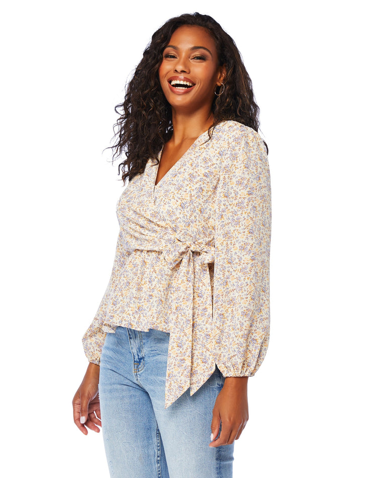 Beige $|& Vanilla Bay Floral Chiffon Long Sleeve Blouse Top - SOF Front