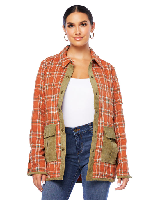 Coral $|& Hem & Thread Plaid Quilted Shacket - SOF Front