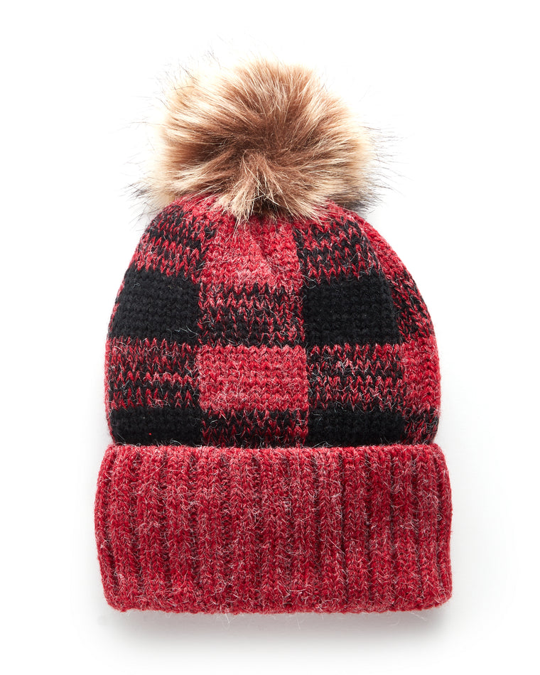 Red $|& Elegant Essence Buffalo Check Pattern Knit Hat - Hanger Front