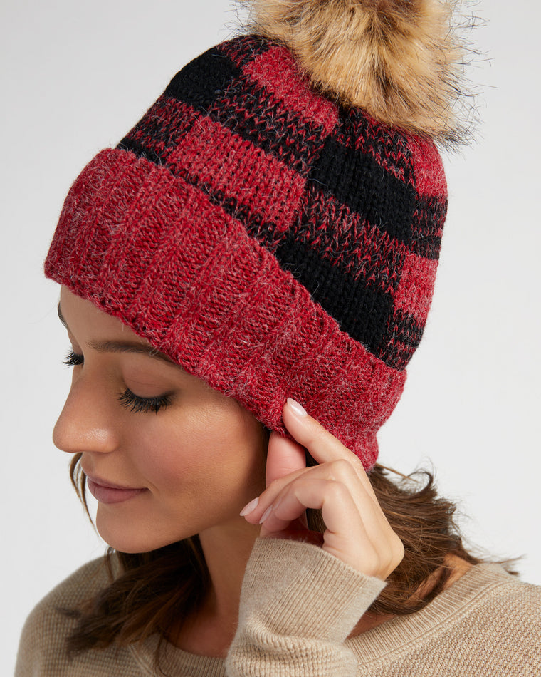 Red $|& Elegant Essence Buffalo Check Pattern Knit Hat - SOF Detail