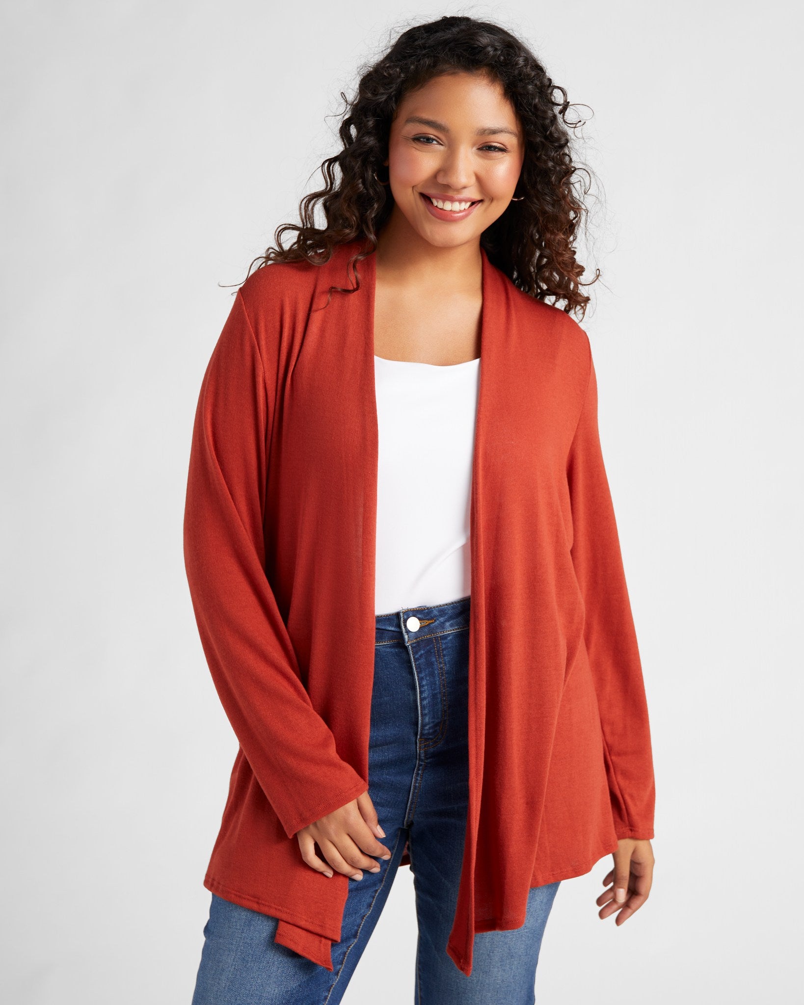 Rust $|& Chris & Carol Hacci Open Front Cardigan - SOF Front