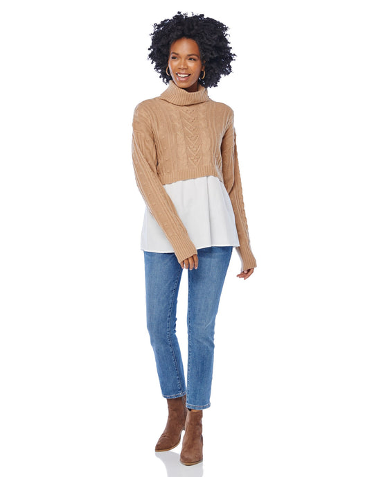 Camel $|& Vigoss Cable Mock Neck Sweater with Shirting - SOF Full Front