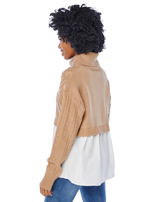 Camel $|& Vigoss Cable Mock Neck Sweater with Shirting - SOF Back
