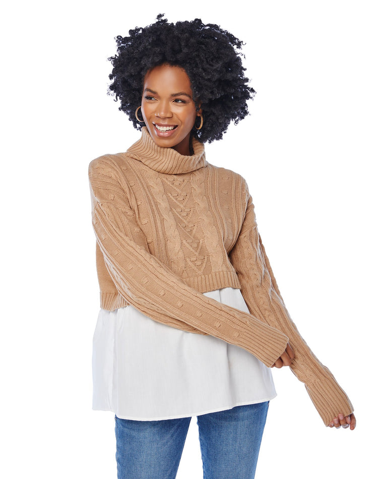 Camel $|& Vigoss Cable Mock Neck Sweater with Shirting - SOF Front