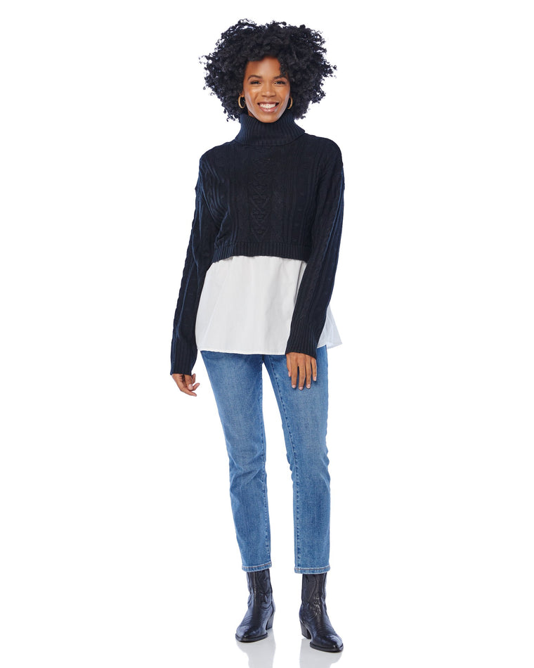 Blk $|& Vigoss Cable Mock Neck Sweater with Shirting - SOF Full Front