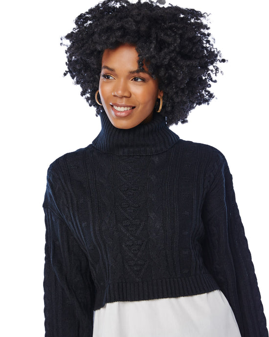 Blk $|& Vigoss Cable Mock Neck Sweater with Shirting - SOF Detail