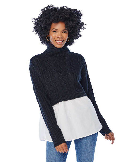 Blk $|& Vigoss Cable Mock Neck Sweater with Shirting - SOF Front