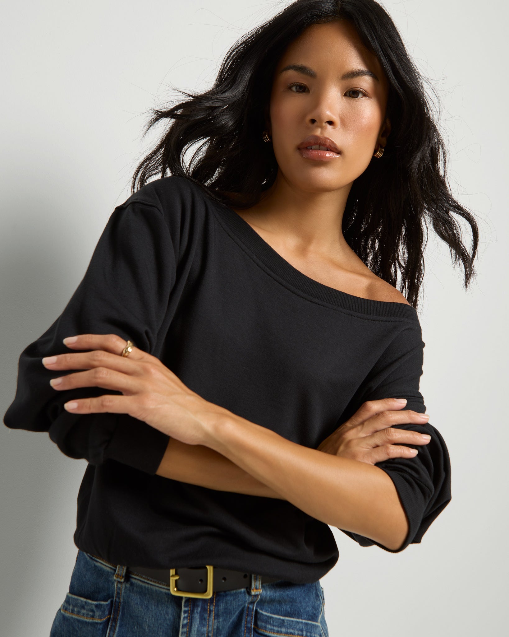 Black $|& SEAS Brooksville One Shoulder Sweatshirt - SOF Full Front