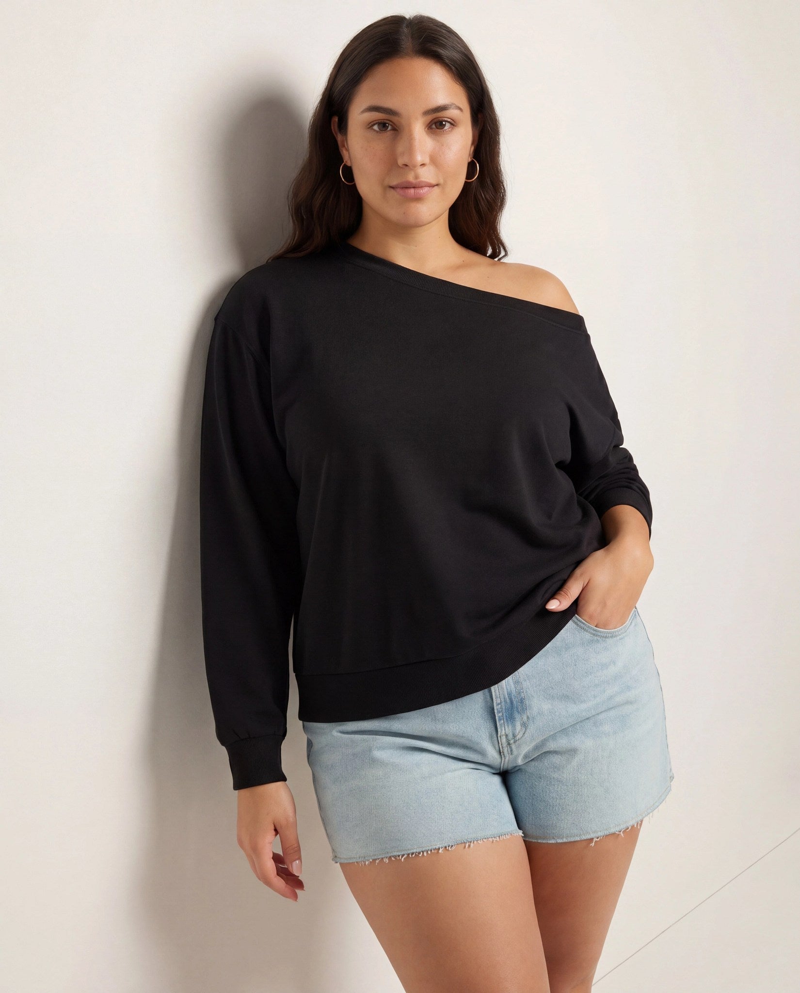 Black $|& SEAS Brooksville One Shoulder Sweatshirt - SOF Front