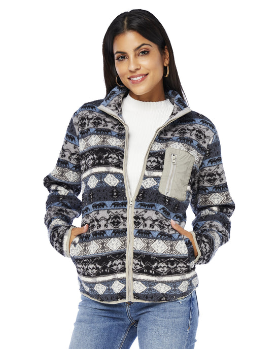 Grey $|& Vanilla Bay Print Sherpa Zip Jacket - SOF Front