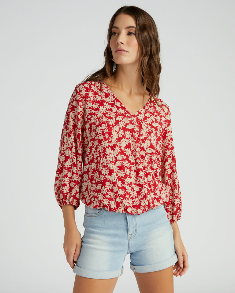 Floral Woven Wrap Blouse withElastic Cuff