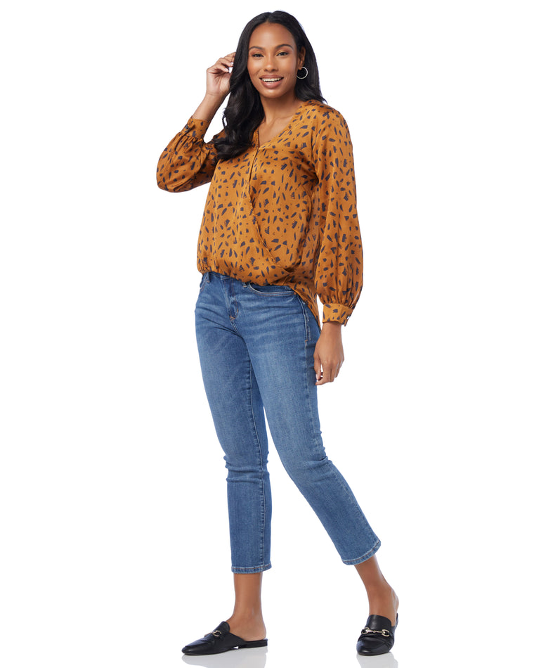 Gold Geo $|& West Kei Printed Woven Long Sleeve Wrap Blouse with Cuff - SOF Full Front
