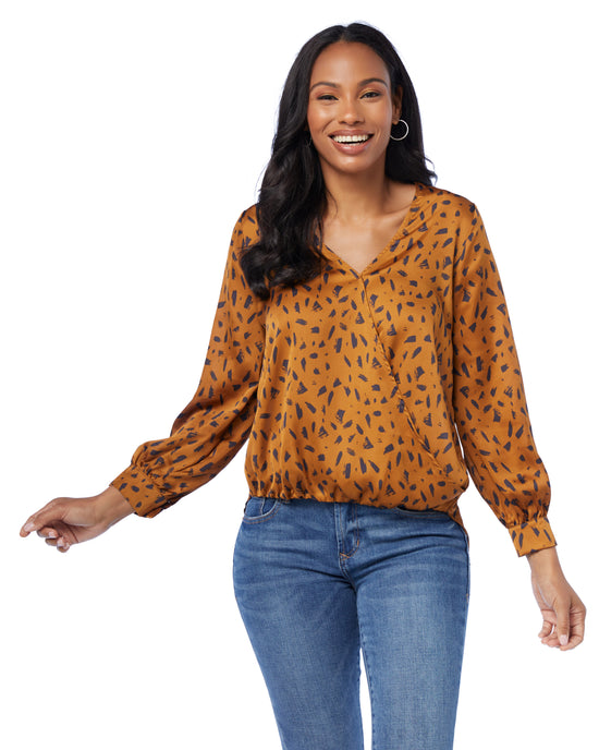 Gold Geo $|& West Kei Printed Woven Long Sleeve Wrap Blouse with Cuff - SOF Front