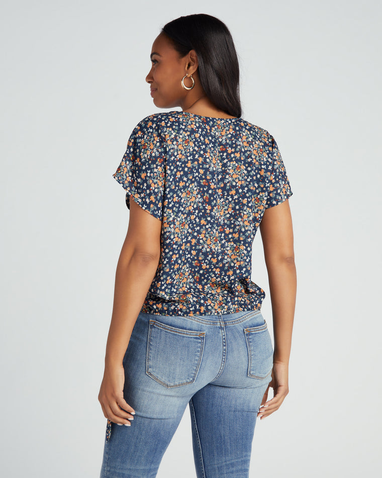 Teal/Yellow Daisy $|& West Kei Floral Woven Short Sleeve Surplice Top - SOF Back