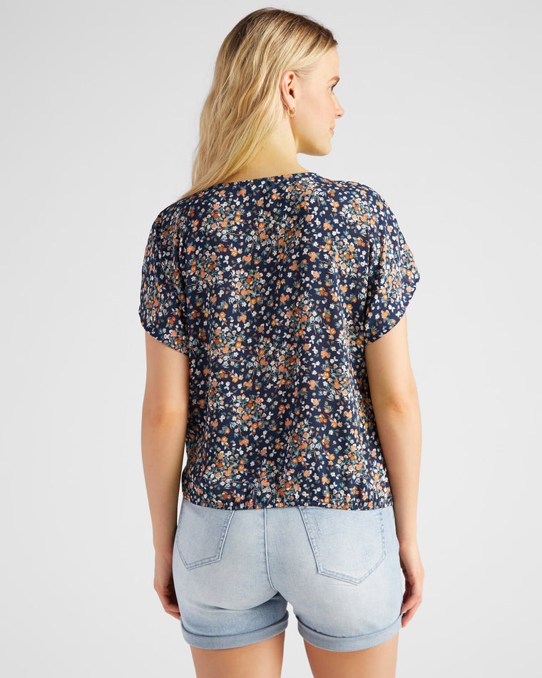 Teal/Yellow Daisy $|& West Kei Floral Woven Short Sleeve Surplice Top - SOF Back