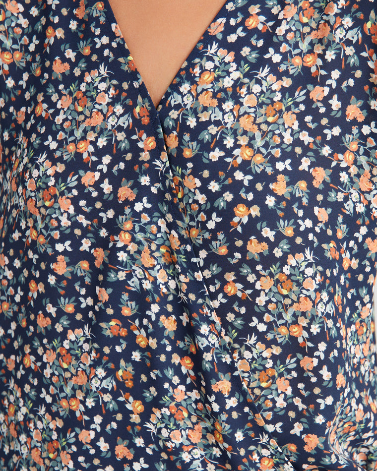 Teal/Yellow Daisy $|& West Kei Floral Woven Short Sleeve Surplice Top - SOF Detail