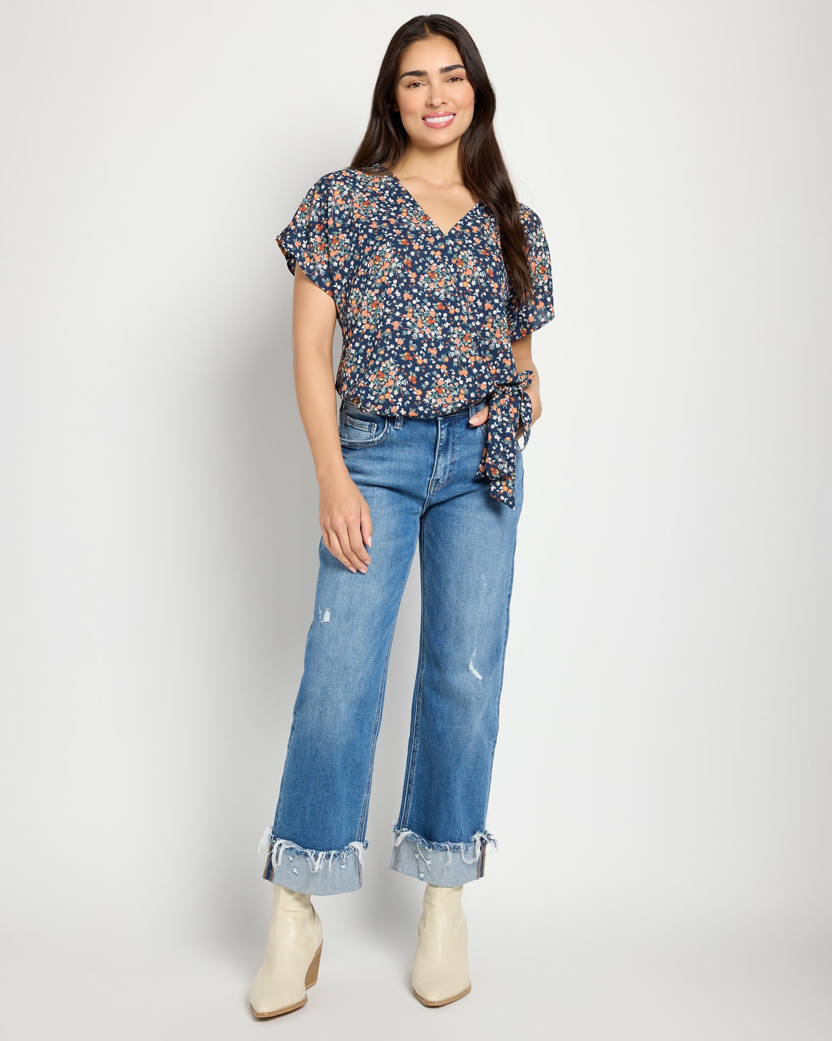 Teal/Yellow Daisy $|& West Kei Floral Woven Short Sleeve Surplice Top - UGC On Fig