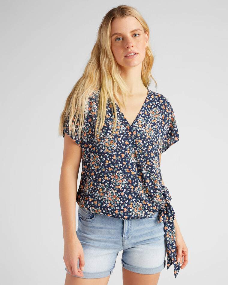 Teal/Yellow Daisy $|& West Kei Floral Woven Short Sleeve Surplice Top - SOF Front