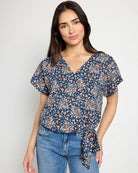 Teal/Yellow Daisy $|& West Kei Floral Woven Short Sleeve Surplice Top - SOF Front