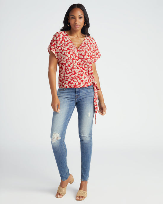 Red/White $|& West Kei Floral Woven Short Sleeve Surplice Top - SOF Full Front